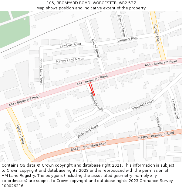 105, BROMYARD ROAD, WORCESTER, WR2 5BZ: Location map and indicative extent of plot