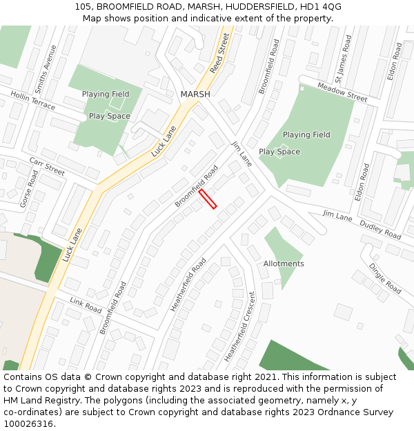105, BROOMFIELD ROAD, MARSH, HUDDERSFIELD, HD1 4QG: Location map and indicative extent of plot
