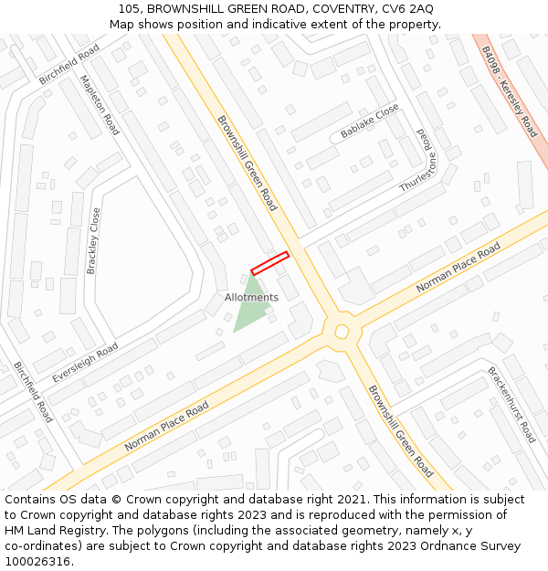 105, BROWNSHILL GREEN ROAD, COVENTRY, CV6 2AQ: Location map and indicative extent of plot