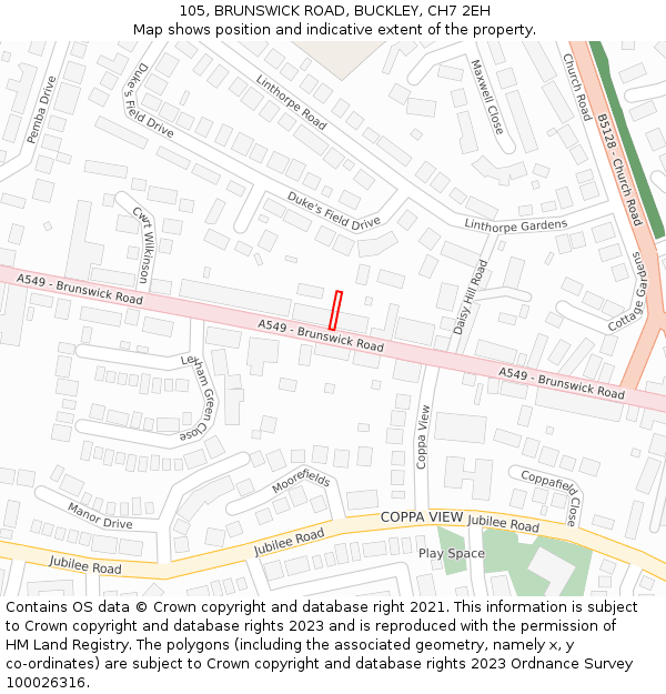 105, BRUNSWICK ROAD, BUCKLEY, CH7 2EH: Location map and indicative extent of plot