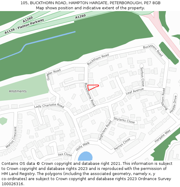 105, BUCKTHORN ROAD, HAMPTON HARGATE, PETERBOROUGH, PE7 8GB: Location map and indicative extent of plot