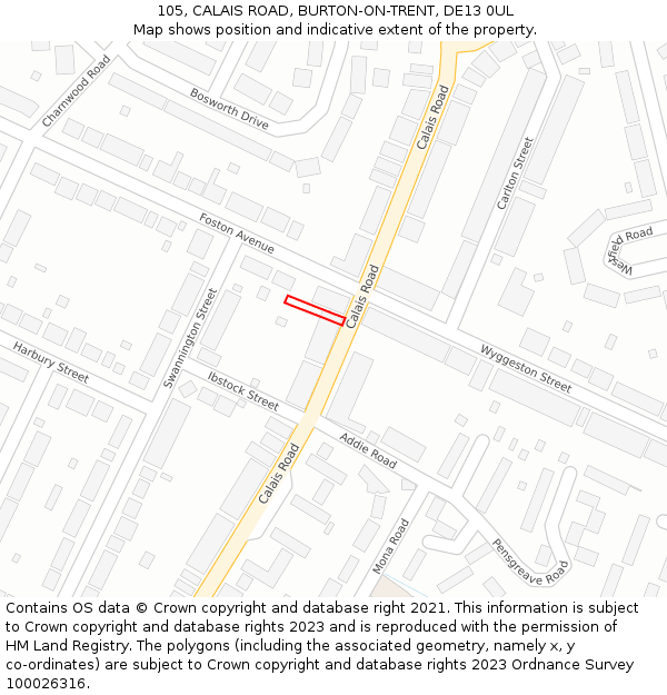 105, CALAIS ROAD, BURTON-ON-TRENT, DE13 0UL: Location map and indicative extent of plot