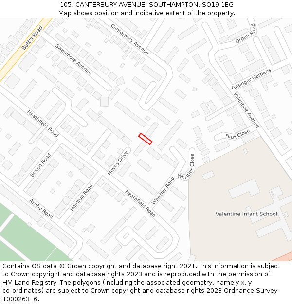 105, CANTERBURY AVENUE, SOUTHAMPTON, SO19 1EG: Location map and indicative extent of plot