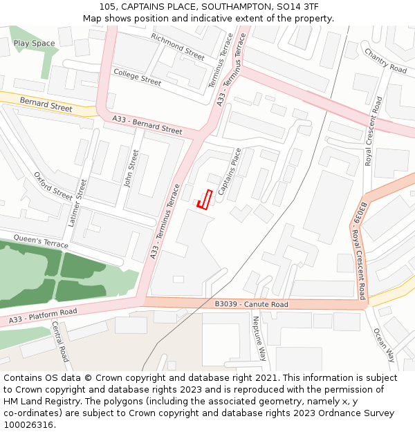 105, CAPTAINS PLACE, SOUTHAMPTON, SO14 3TF: Location map and indicative extent of plot