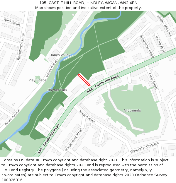 105, CASTLE HILL ROAD, HINDLEY, WIGAN, WN2 4BN: Location map and indicative extent of plot