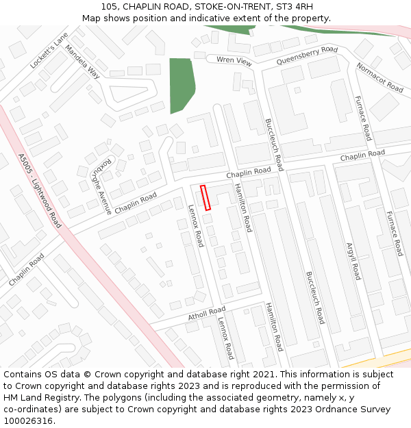 105, CHAPLIN ROAD, STOKE-ON-TRENT, ST3 4RH: Location map and indicative extent of plot