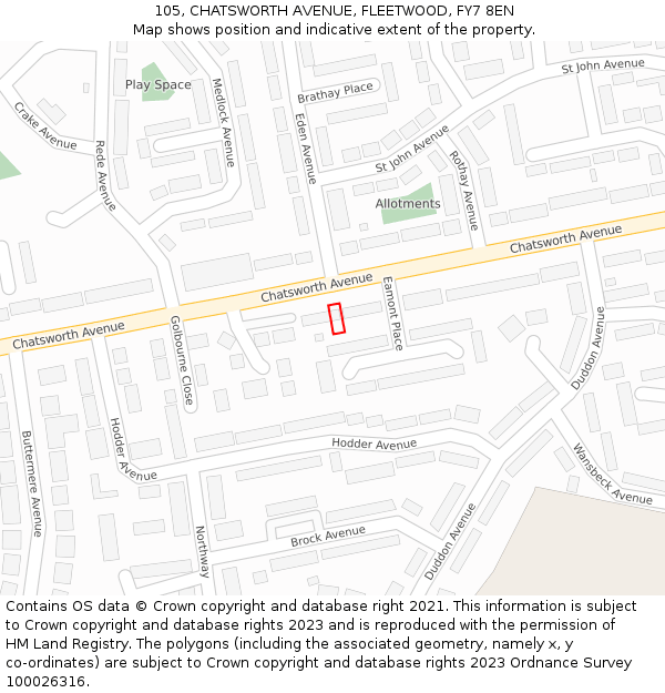 105, CHATSWORTH AVENUE, FLEETWOOD, FY7 8EN: Location map and indicative extent of plot