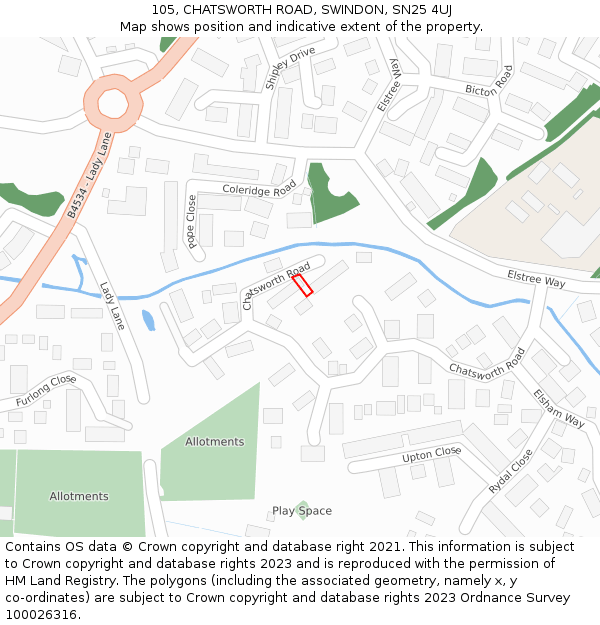 105, CHATSWORTH ROAD, SWINDON, SN25 4UJ: Location map and indicative extent of plot