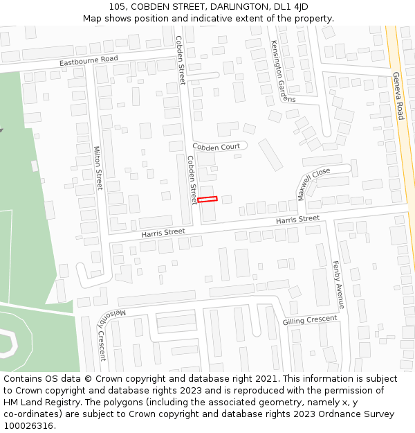105, COBDEN STREET, DARLINGTON, DL1 4JD: Location map and indicative extent of plot