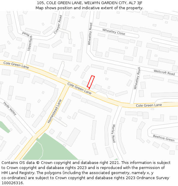105, COLE GREEN LANE, WELWYN GARDEN CITY, AL7 3JF: Location map and indicative extent of plot