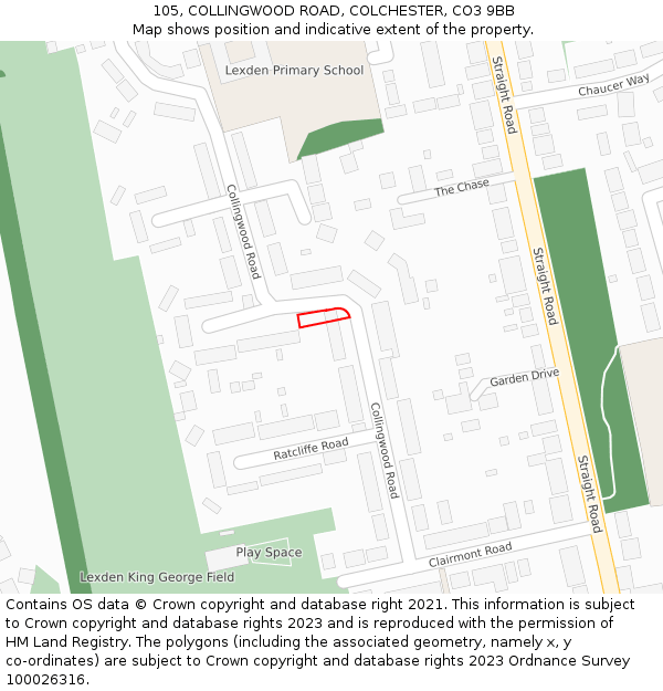 105, COLLINGWOOD ROAD, COLCHESTER, CO3 9BB: Location map and indicative extent of plot