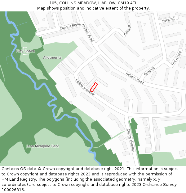 105, COLLINS MEADOW, HARLOW, CM19 4EL: Location map and indicative extent of plot