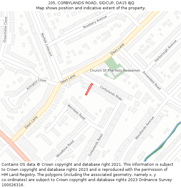 105, CORBYLANDS ROAD, SIDCUP, DA15 8JQ: Location map and indicative extent of plot
