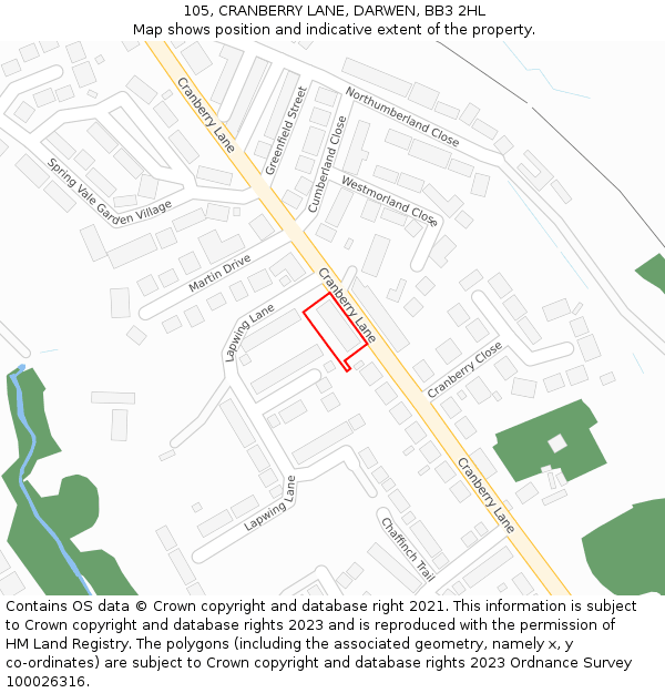 105, CRANBERRY LANE, DARWEN, BB3 2HL: Location map and indicative extent of plot