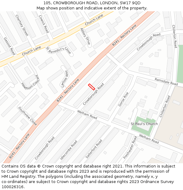 105, CROWBOROUGH ROAD, LONDON, SW17 9QD: Location map and indicative extent of plot