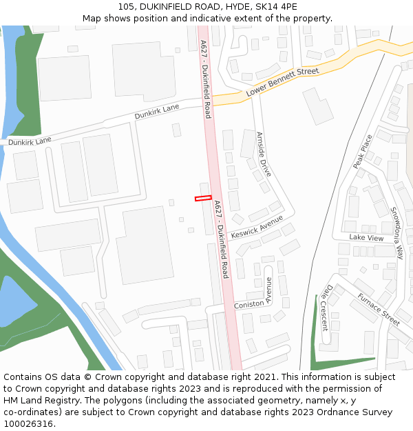 105, DUKINFIELD ROAD, HYDE, SK14 4PE: Location map and indicative extent of plot