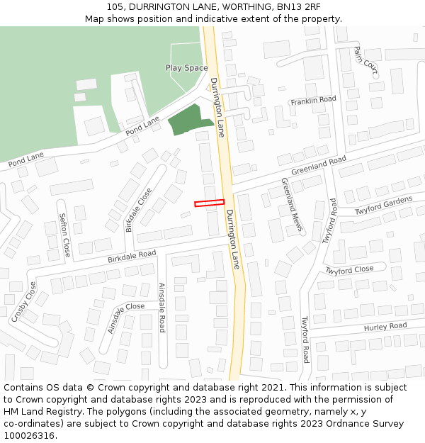 105, DURRINGTON LANE, WORTHING, BN13 2RF: Location map and indicative extent of plot