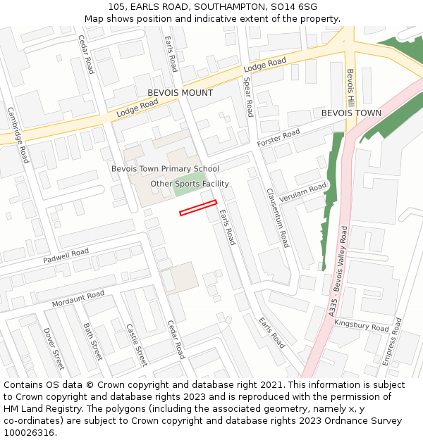 105, EARLS ROAD, SOUTHAMPTON, SO14 6SG: Location map and indicative extent of plot