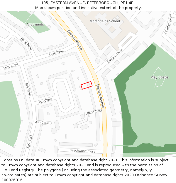 105, EASTERN AVENUE, PETERBOROUGH, PE1 4PL: Location map and indicative extent of plot