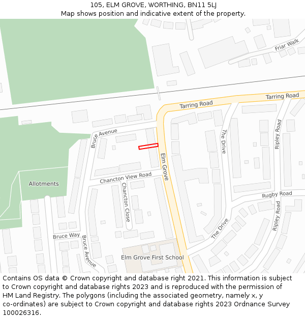 105, ELM GROVE, WORTHING, BN11 5LJ: Location map and indicative extent of plot