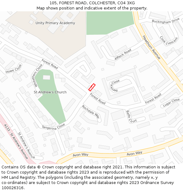 105, FOREST ROAD, COLCHESTER, CO4 3XG: Location map and indicative extent of plot