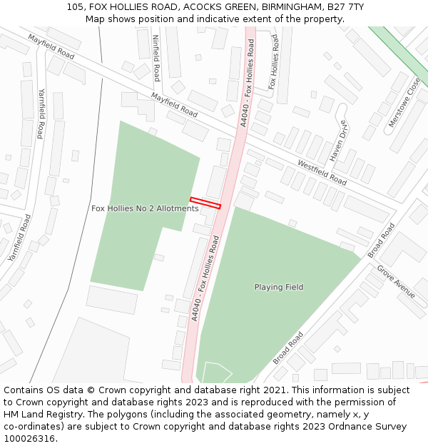 105, FOX HOLLIES ROAD, ACOCKS GREEN, BIRMINGHAM, B27 7TY: Location map and indicative extent of plot