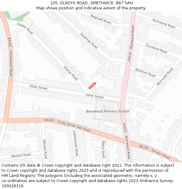 105, GLADYS ROAD, SMETHWICK, B67 5AN: Location map and indicative extent of plot