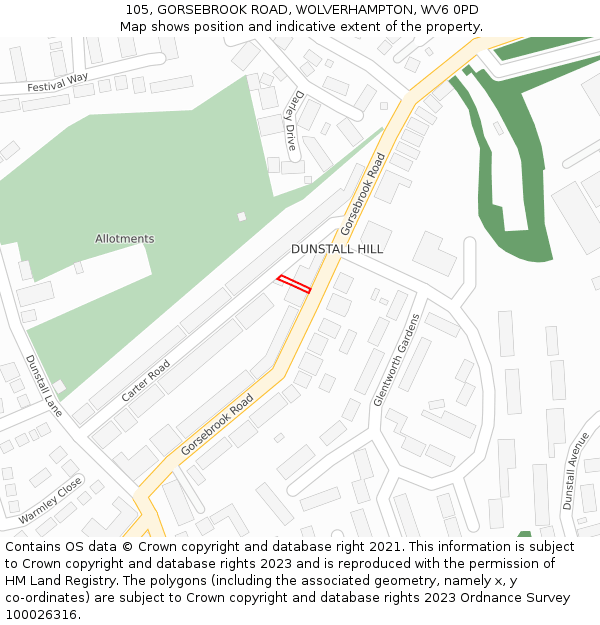 105, GORSEBROOK ROAD, WOLVERHAMPTON, WV6 0PD: Location map and indicative extent of plot