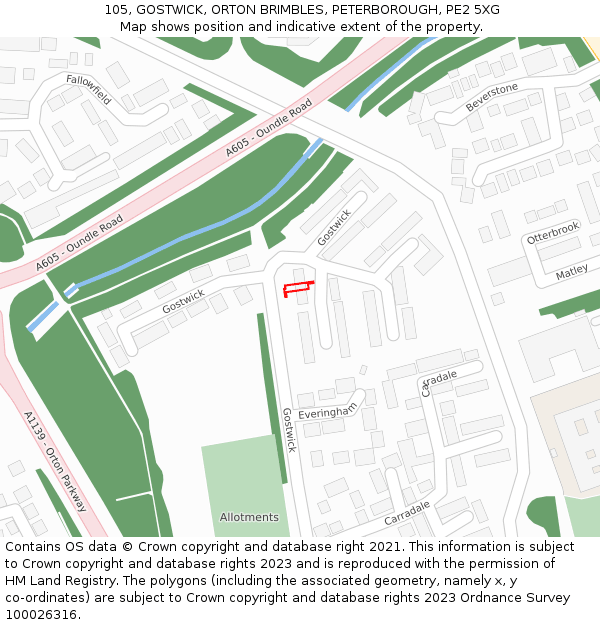 105, GOSTWICK, ORTON BRIMBLES, PETERBOROUGH, PE2 5XG: Location map and indicative extent of plot