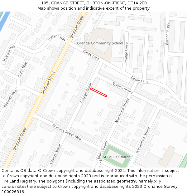 105, GRANGE STREET, BURTON-ON-TRENT, DE14 2ER: Location map and indicative extent of plot