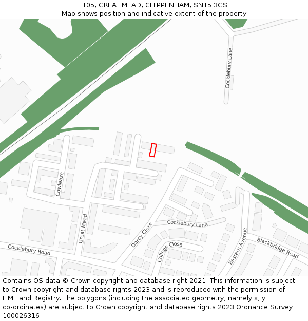 105, GREAT MEAD, CHIPPENHAM, SN15 3GS: Location map and indicative extent of plot