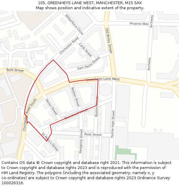 105, GREENHEYS LANE WEST, MANCHESTER, M15 5AX: Location map and indicative extent of plot