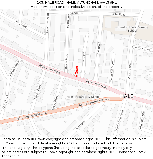 105, HALE ROAD, HALE, ALTRINCHAM, WA15 9HL: Location map and indicative extent of plot