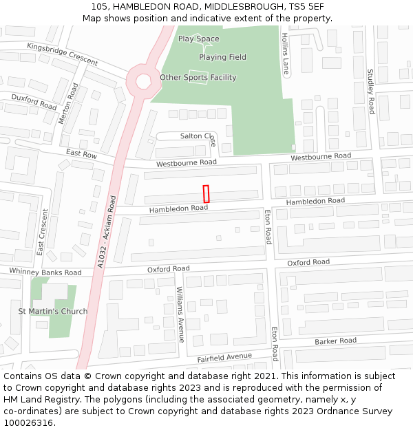 105, HAMBLEDON ROAD, MIDDLESBROUGH, TS5 5EF: Location map and indicative extent of plot