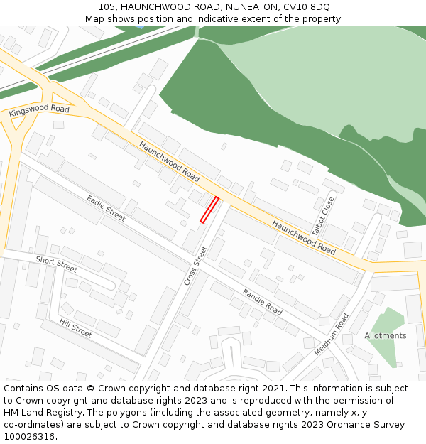 105, HAUNCHWOOD ROAD, NUNEATON, CV10 8DQ: Location map and indicative extent of plot