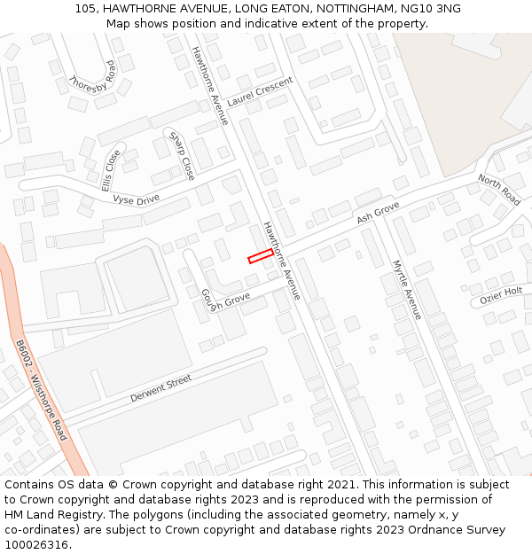 105, HAWTHORNE AVENUE, LONG EATON, NOTTINGHAM, NG10 3NG: Location map and indicative extent of plot