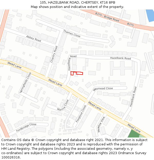 105, HAZELBANK ROAD, CHERTSEY, KT16 8PB: Location map and indicative extent of plot