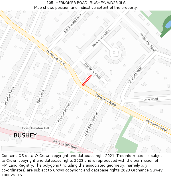 105, HERKOMER ROAD, BUSHEY, WD23 3LS: Location map and indicative extent of plot