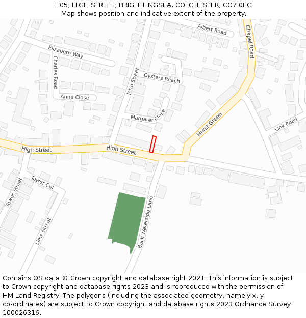 105, HIGH STREET, BRIGHTLINGSEA, COLCHESTER, CO7 0EG: Location map and indicative extent of plot