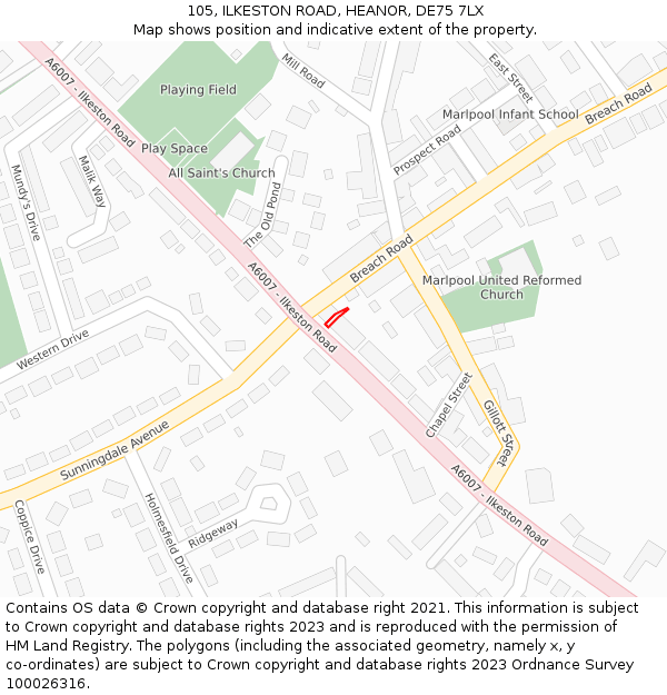 105, ILKESTON ROAD, HEANOR, DE75 7LX: Location map and indicative extent of plot