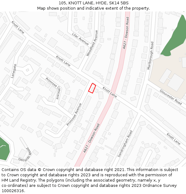 105, KNOTT LANE, HYDE, SK14 5BS: Location map and indicative extent of plot