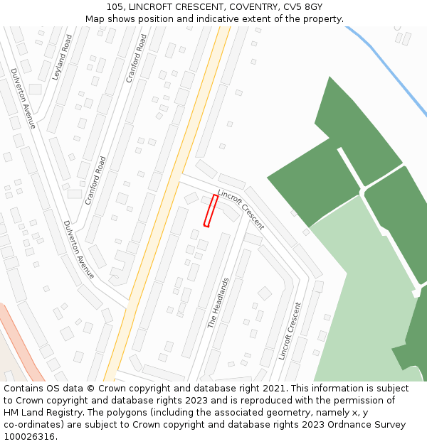 105, LINCROFT CRESCENT, COVENTRY, CV5 8GY: Location map and indicative extent of plot