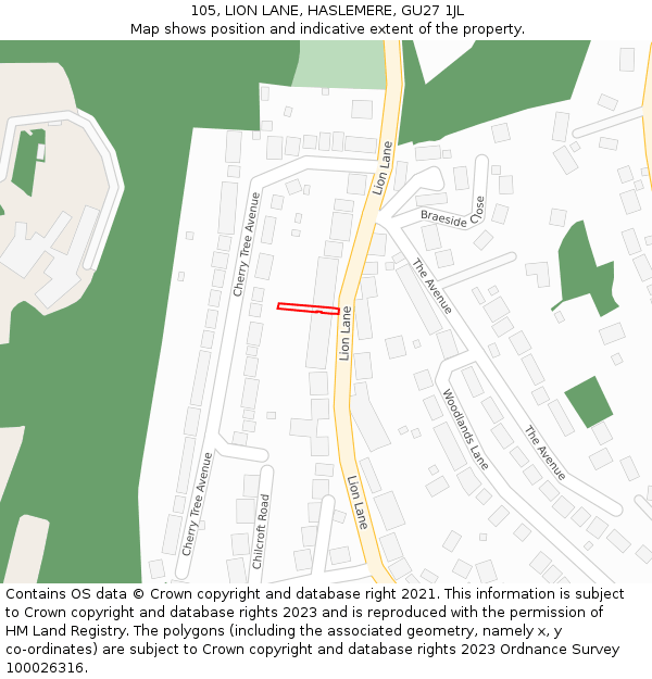 105, LION LANE, HASLEMERE, GU27 1JL: Location map and indicative extent of plot