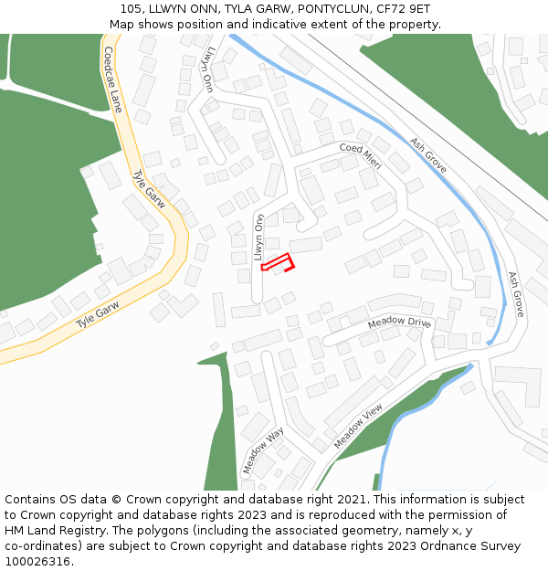 105, LLWYN ONN, TYLA GARW, PONTYCLUN, CF72 9ET: Location map and indicative extent of plot