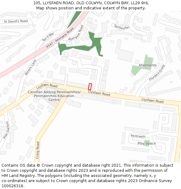 105, LLYSFAEN ROAD, OLD COLWYN, COLWYN BAY, LL29 9HL: Location map and indicative extent of plot