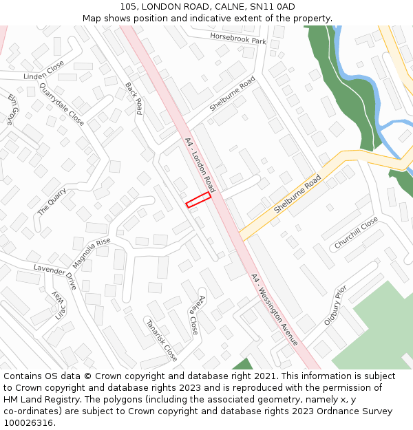105, LONDON ROAD, CALNE, SN11 0AD: Location map and indicative extent of plot