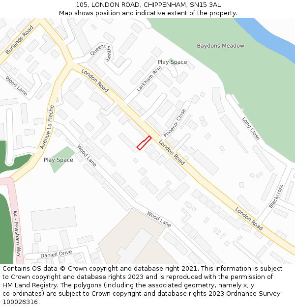 105, LONDON ROAD, CHIPPENHAM, SN15 3AL: Location map and indicative extent of plot