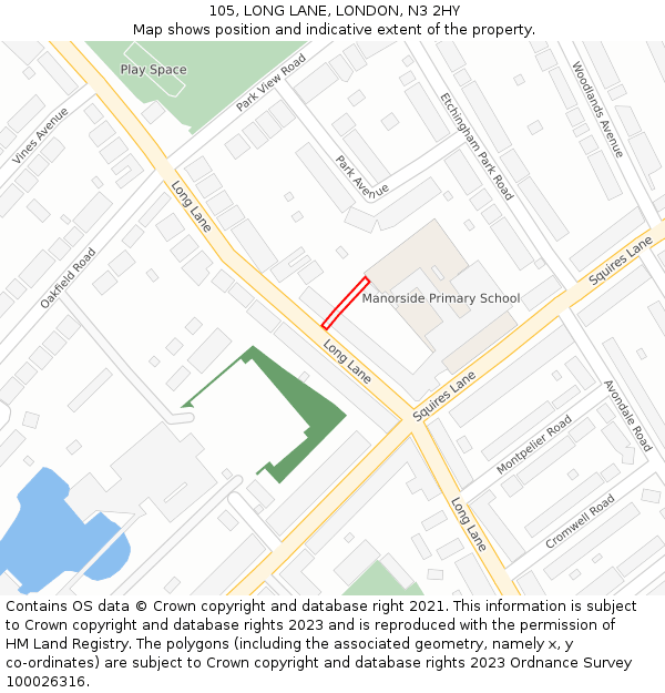 105, LONG LANE, LONDON, N3 2HY: Location map and indicative extent of plot