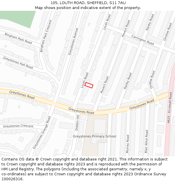105, LOUTH ROAD, SHEFFIELD, S11 7AU: Location map and indicative extent of plot