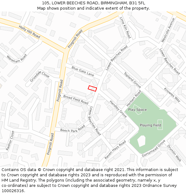 105, LOWER BEECHES ROAD, BIRMINGHAM, B31 5FL: Location map and indicative extent of plot